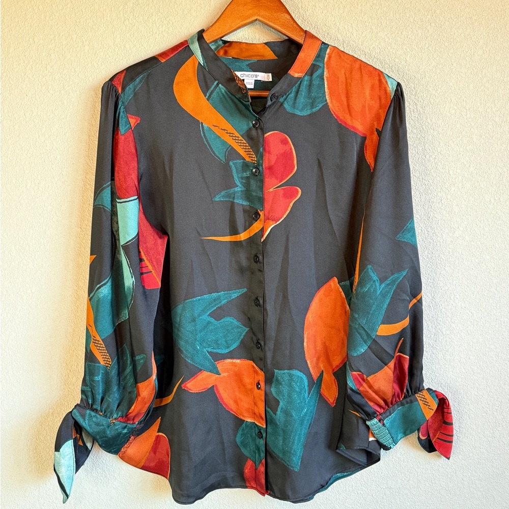 CHICOS Womens 14 Abstract Floral Print Button Up Blouse Tie Cuff Shirt Top NWOT